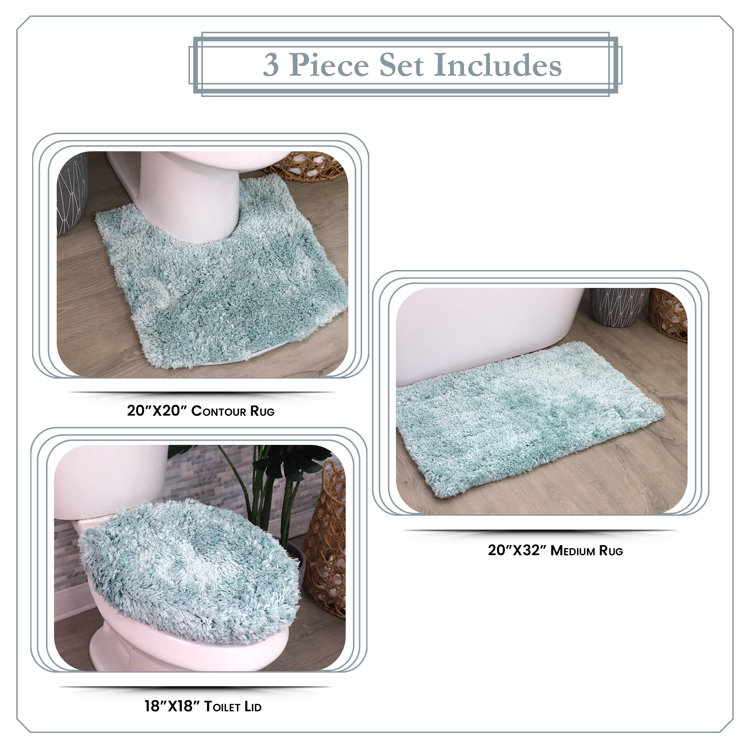 Essential 3-Piece Bathroom Rug Set, Plush Microfiber Bath Mat, U-Shaped Contour Rug and Toilet Lid Cover, Ultra Absorbent, Quick-Dry, Non-Slip Bathroom Mats, Machine Washable, Turquoise