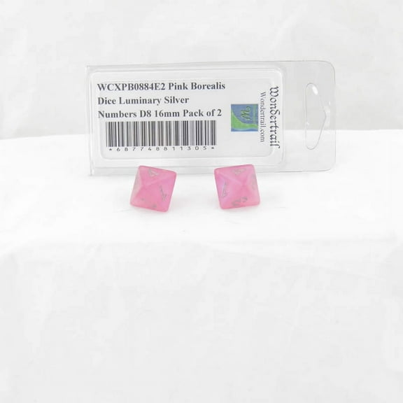 Pink Borealis Dice Luminary with Silver Numbers D8 Aprox 16mm (5/8in) Pack of 2 Wondertrail