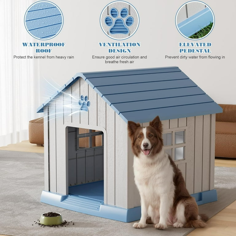 Bifanuo Durable Dog House, Indoor Outdoor Wateproof Doghouse, Pet Plastic Dog kennel for Small Medium Dogs,Grey and Blue ,37.2" L x 40" W x 40" H Inchs