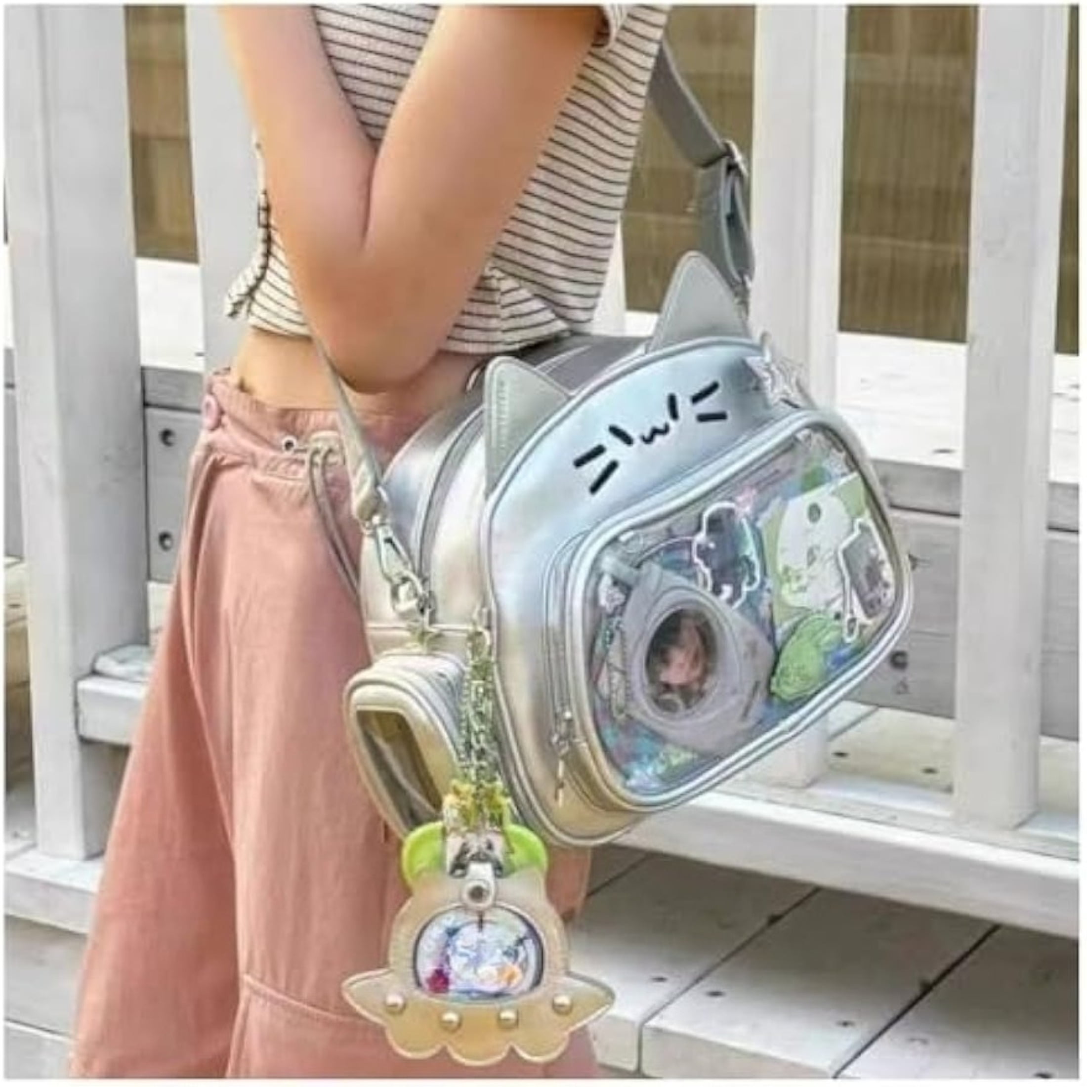 Cat Ita Bag with Clear Pin Window, Cute Anime Backpack, Pin Display Backpack, Kawaii Japanese PU Leather Y2k Aesthetic Shoulder Bag