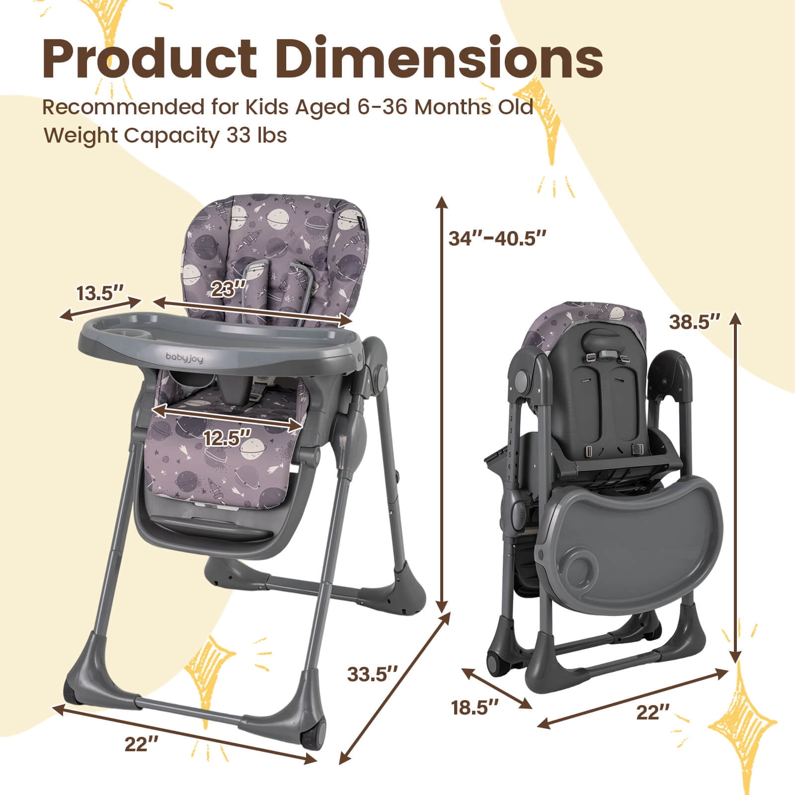 Babyjoy Foldable High Chair with Detachable Cushion, High Chair for Babies and Toddlers