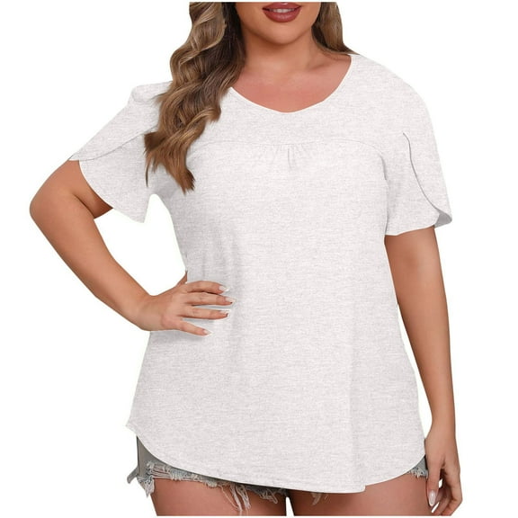 Plebaso Plus Size Tops for Women Short Sleeve Crewneck Tshirts Solid Color Tunic Casual Loose Blouses