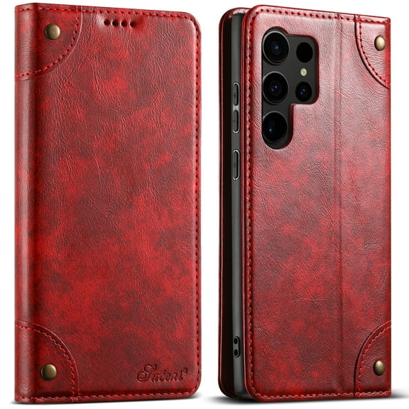Nalacover Vintage Wallet Case for Samsung Galaxy S25 Ultra, Magnetic Closure Flip Folio Cover with Card Slots Kickstand, Classic PU Leather Shockproof Anti-Scratches Case,Red