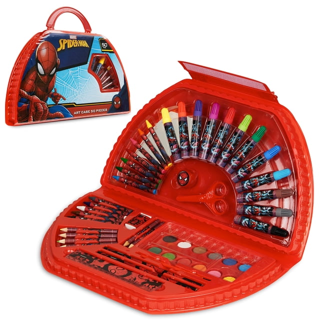 set de arte marvel kids para niños, manualidades y pintura, 40 unidades estuche rojo con diseño oficial de Spiderman abierto en vista 3/4; contiene 12 rotuladores, 12 crayones, 12 acuarelas en pastilla, 6 lápices de color, 2 lápices, regla, borrador, sacapuntas, tijeras de plástico y pincel, con organizadores internos y asa para transporte; ideal para actividades creativas y también apto como kit de viaje para niños.