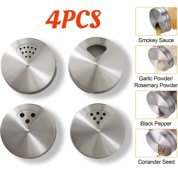 4 Pack Mason Jar Shaker Lids, Stainless Steel Adjustable Spice Lid for Mason Jar, Regular Mouth