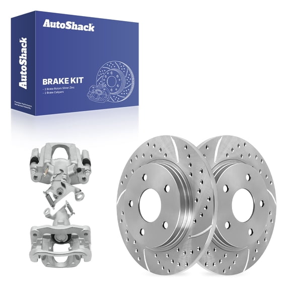 AutoShack Rear Solid Drilled & Slotted Silver Zinc Coated Brake Rotors   Calipers 4-PC Brake Kit Replacement for 2009-2012 Dodge Journey SilverShield Pro 12" (304.9 mm)