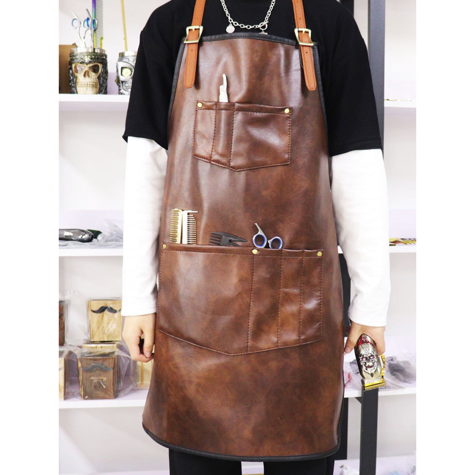 Apron for Men Women Waterproof Leather Apron with Pockets Cross-Back Straps for Kitchen BBQ Cooking Barber Barista Apron Handworking
