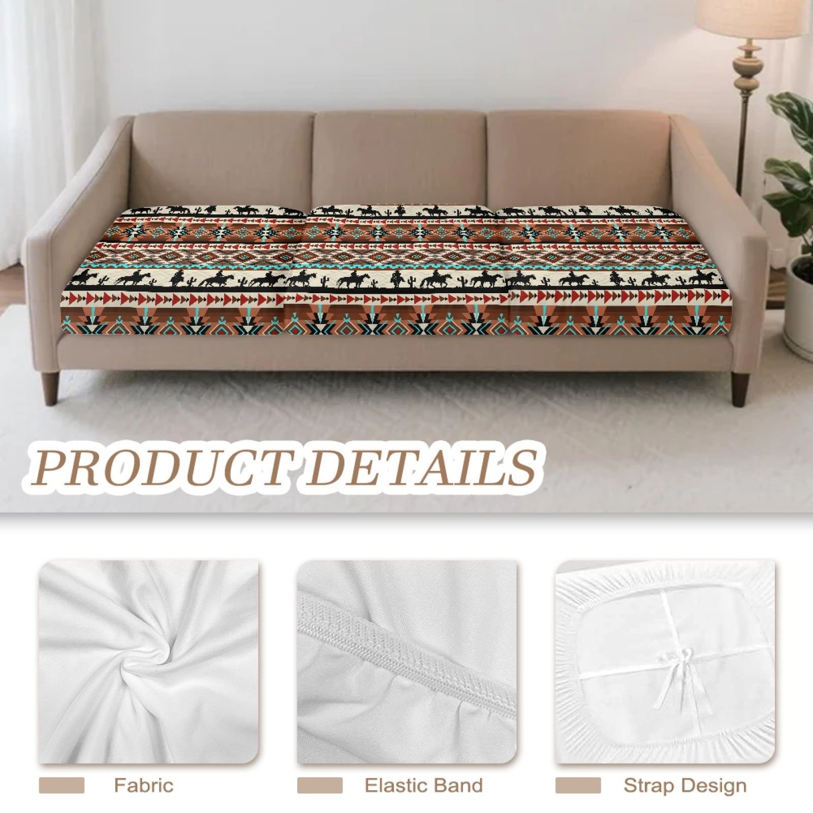 Xoenoiee Aztec Horse Cactus American Tribal Print Couch Cushion Covers 3PC Stretch Sofa Seat Slipcover Sets for Living Room Individual Sofa Cushion Cover Non-Slip Couch Seat Protectors