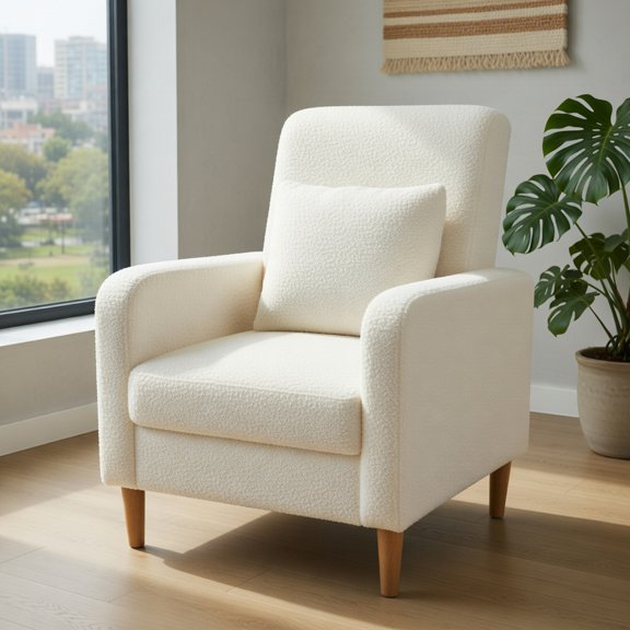 Topcobe Modern Upholstered Sofa Chair with Lumbar Pillow and Teddy Fleece Cover, Modern Furniture for Living Room, Practical, Easy to Assemble-White