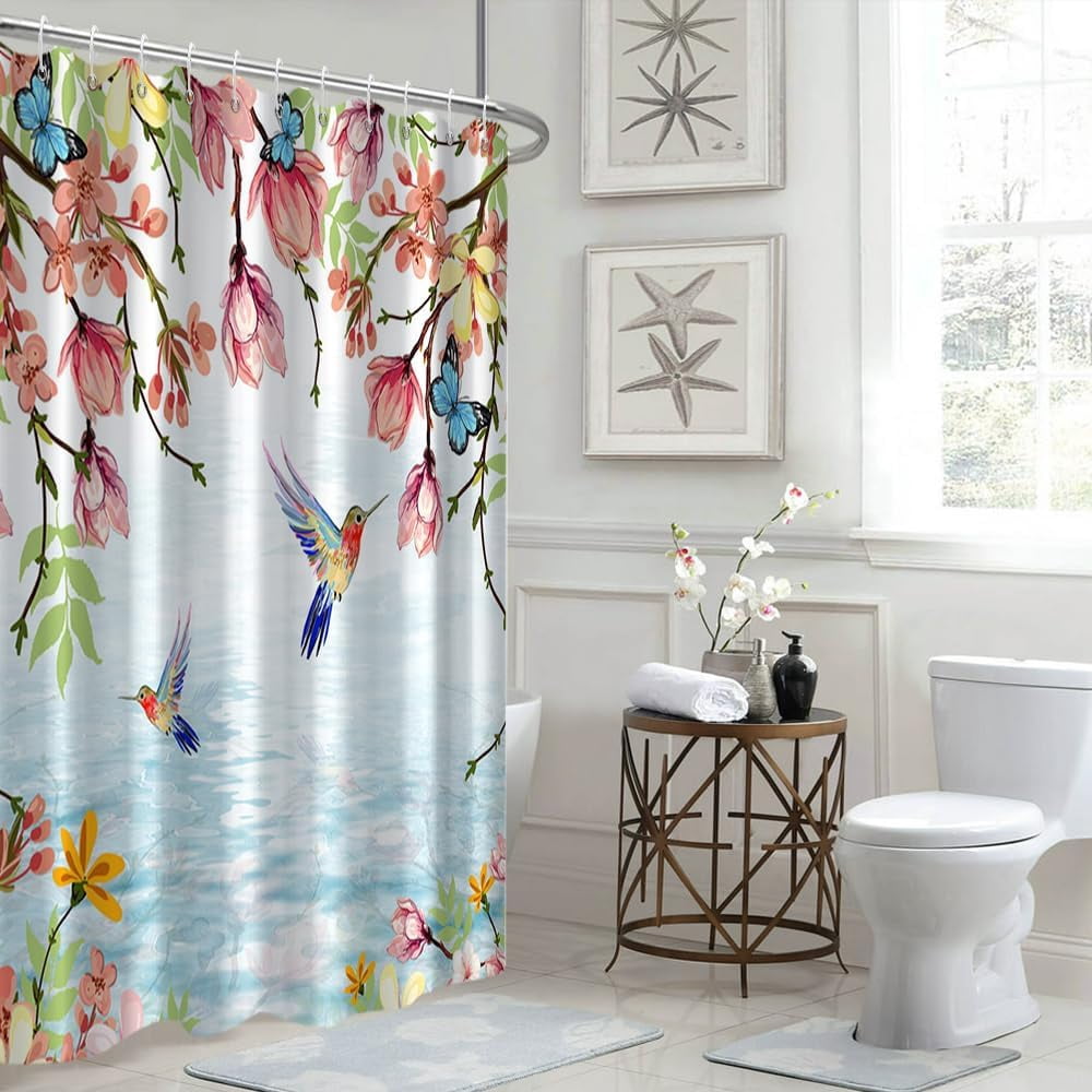 Spring Floral Shower Curtain, Colorful Humingbird Shower Curtain for Bathroom Pink Flower with Butterfly Fabric Shower Curtain Set with Hooks, 72x72 Inch