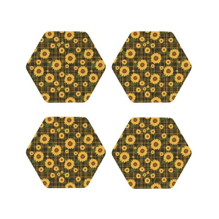 

Drink Coasters Set of 4 Vintage Plaid Sunflower Leather Coasters for Coffee Table Protector Heat Resistant Cute Coasters for Home Decor Housewarming Gifts Bar Kitchen 4 Inch Hexagon