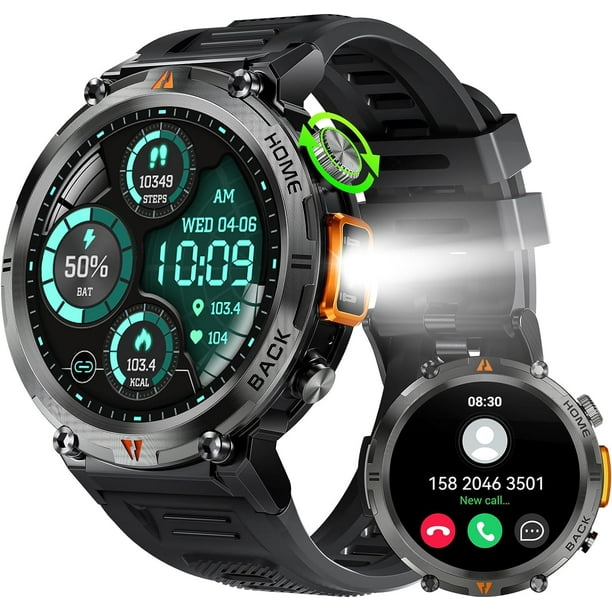 Reloj inteligente militar para hombres con linterna LED, reloj inteligente táctico resistente HD de 1,45 pulgadas (recepción de llamadas/marcado), reloj de seguimiento de actividad física
