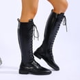 thumbnail image 5 of Women’s Full Lace Up Knee High Combat Boots, Round Toe Low Flat Heel Leather Tall Boots, Side Zipper Moto Riding Shoes Black 7(39), 5 of 9