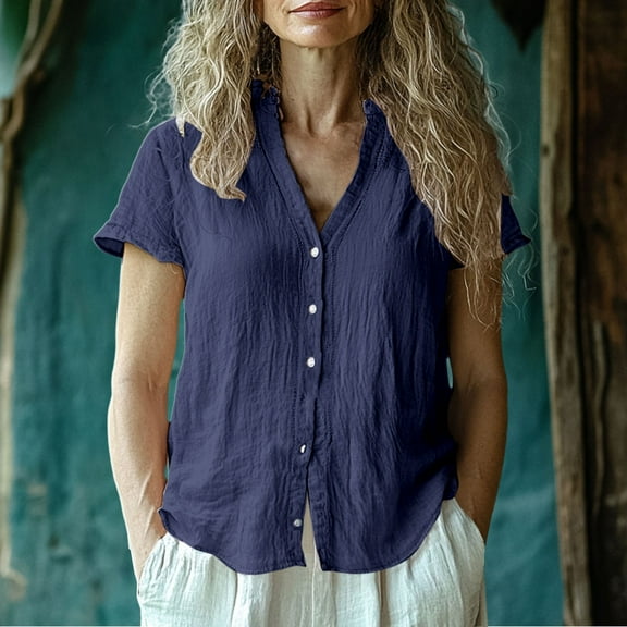 Sweet Home Farm Short Sleeve Shirts for Women Casual Regular Cardigan Top Shirt T Shirts for Women Dark Blue