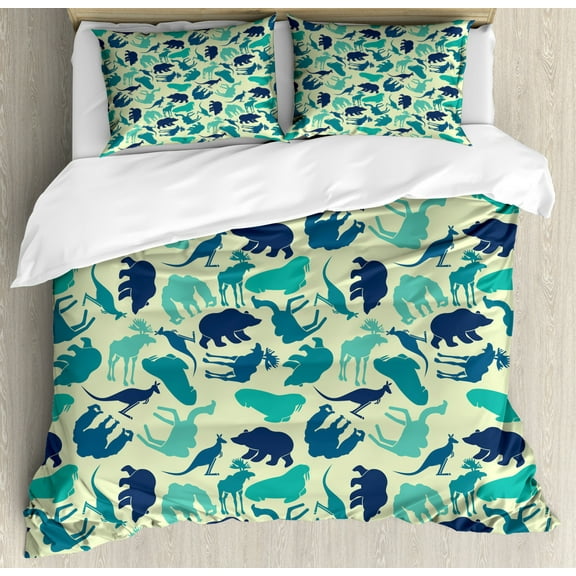 Wildlife Duvet Cover Set King Size, Animals on a Pale Green Background, Decorative 3 Piece Bedding Set with 2 Pillow Shams, Turquoise Pale Petrol Blue Dark Sky Blue Dark Slate Blue, by Ambesonne