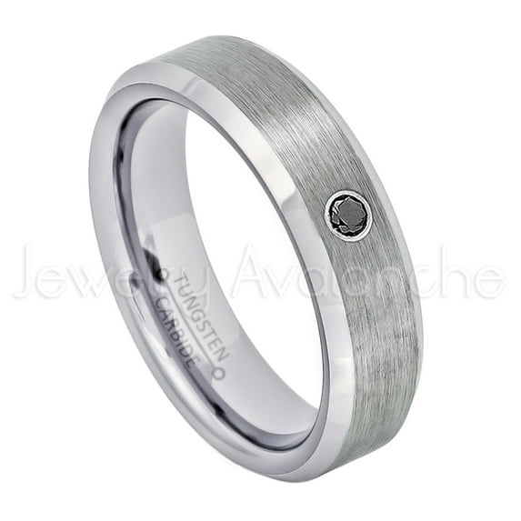 6mm Ladies Beveled Tungsten Ring - 0.07ct Solitaire Black Diamond Ring - Personalized Tungsten Wedding Ring - Custom Made April Birthstone Ring TN038BS