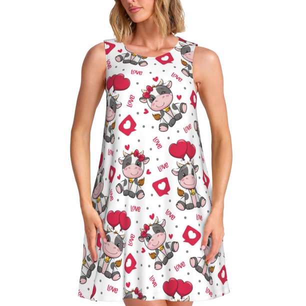 Fotbe Caring Cow Vestido de Verano sin Mangas para Mujer – Vestido Midi Línea A, Estilo Camiseta Floral, Vestido Playero Casual y Fluido