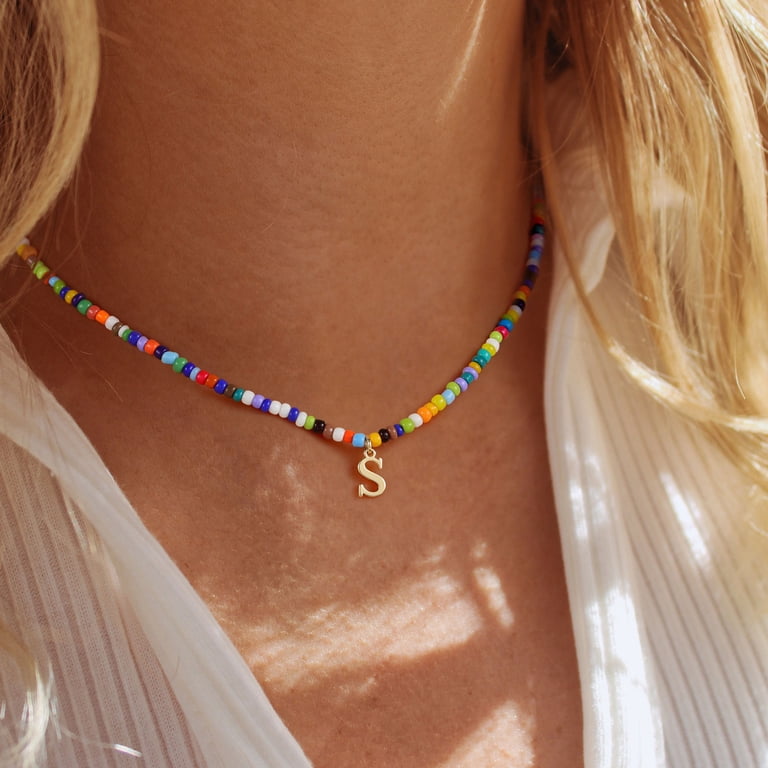 Turandoss Colorful Beaded Initial Choker Necklace, A-Z photo 3