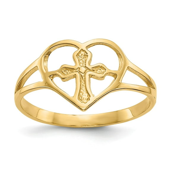 14K Yellow Gold Ring Band Themed Cross in Heart