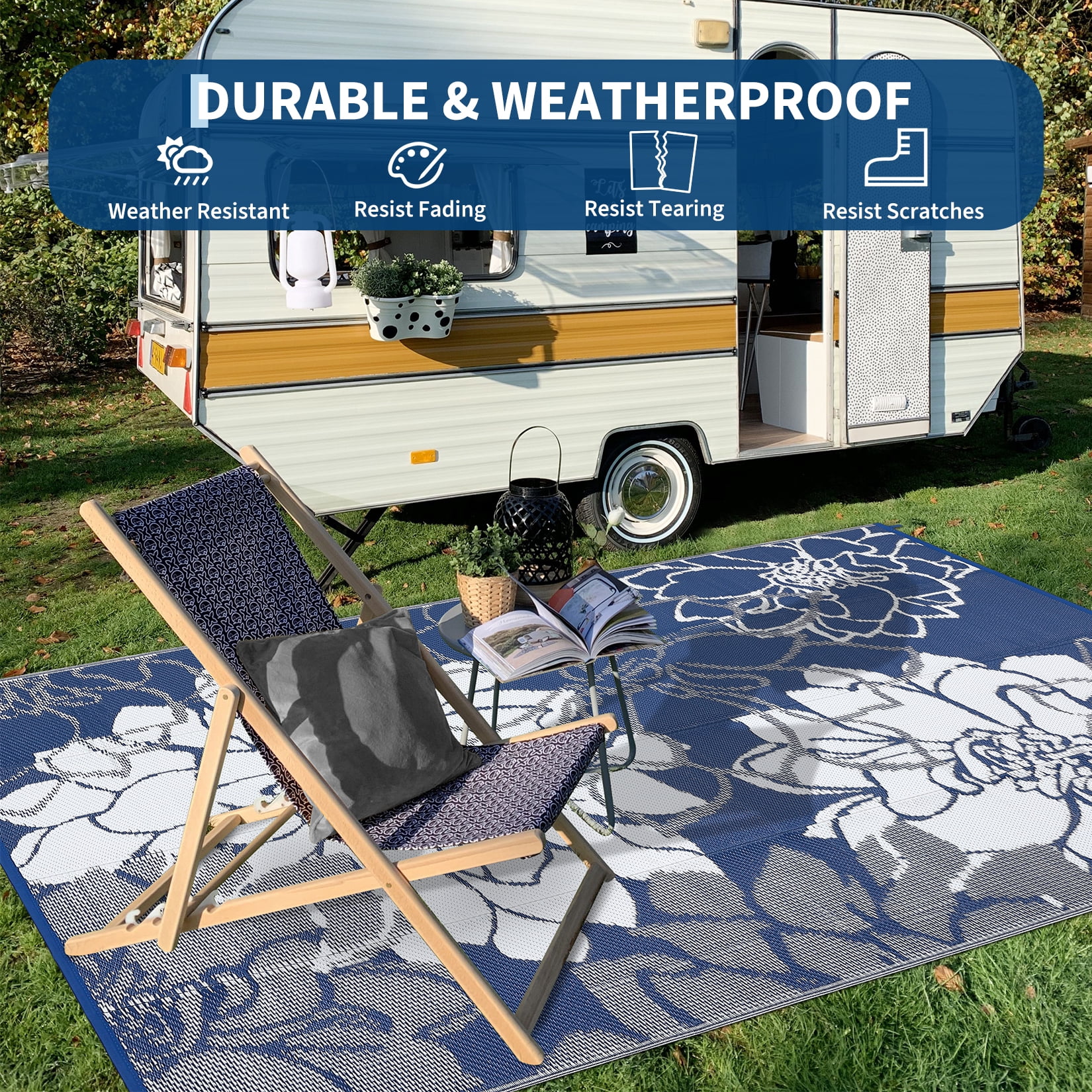 GlowSol 9'x18' Outdoor Rug Plastic Straw Rug Modern Floral Reversible Camping Mat Waterproof Foldable Rug for Camping Patio RV Balcony, Dark Blue/White