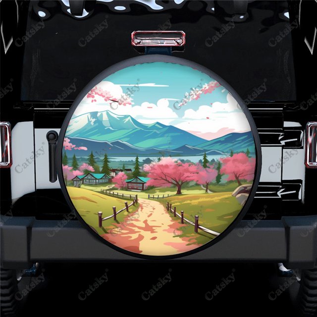 Mountain with Blossom Pattern Polyester Universal Spare Wheel Tire Cover Wheel Covers for Trailer RV SUV Truck Camper