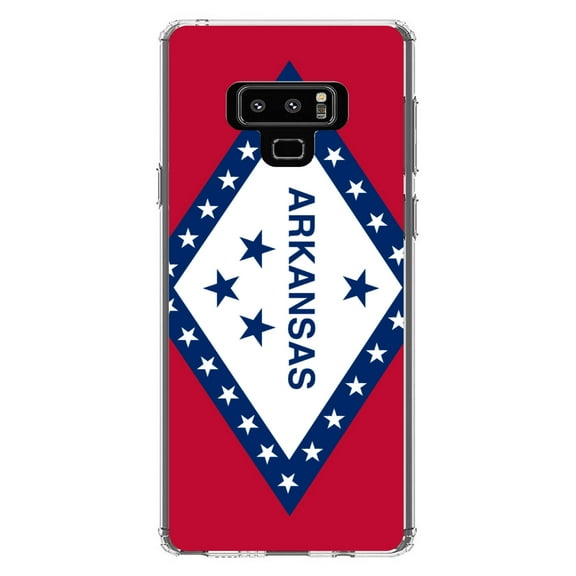DistinctInk Clear Shockproof Hybrid Case for Samsung Galaxy Note 9 - TPU Bumper, Acrylic Back, Tempered Glass Screen Protector - Arkansas State Flag - US State Flag