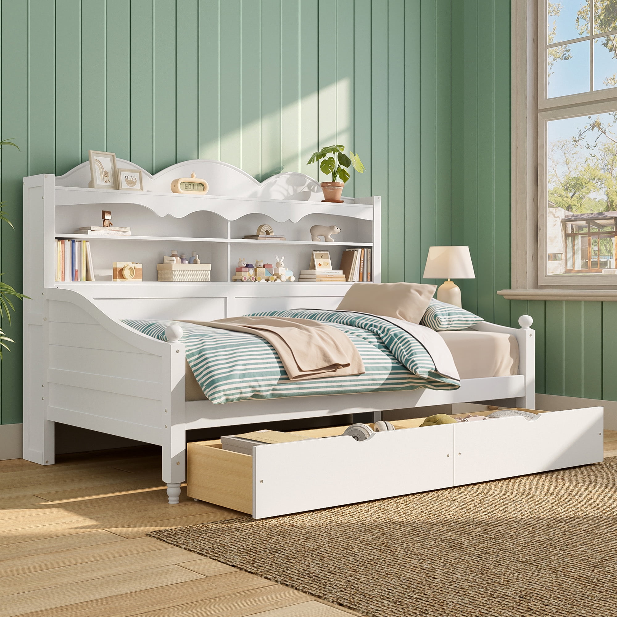Euroco Wood Twin Size Daybed with Drawers, Captain Bed with Shelves, White