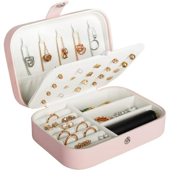 Travel Jewelry Box, PU Leather Small Jewelry Organizer for Women Girls, Double Layer Portable Mini Travel Case Display Storage Holder Boxes for Stud Earrings, Rings, Necklaces, Bracelets