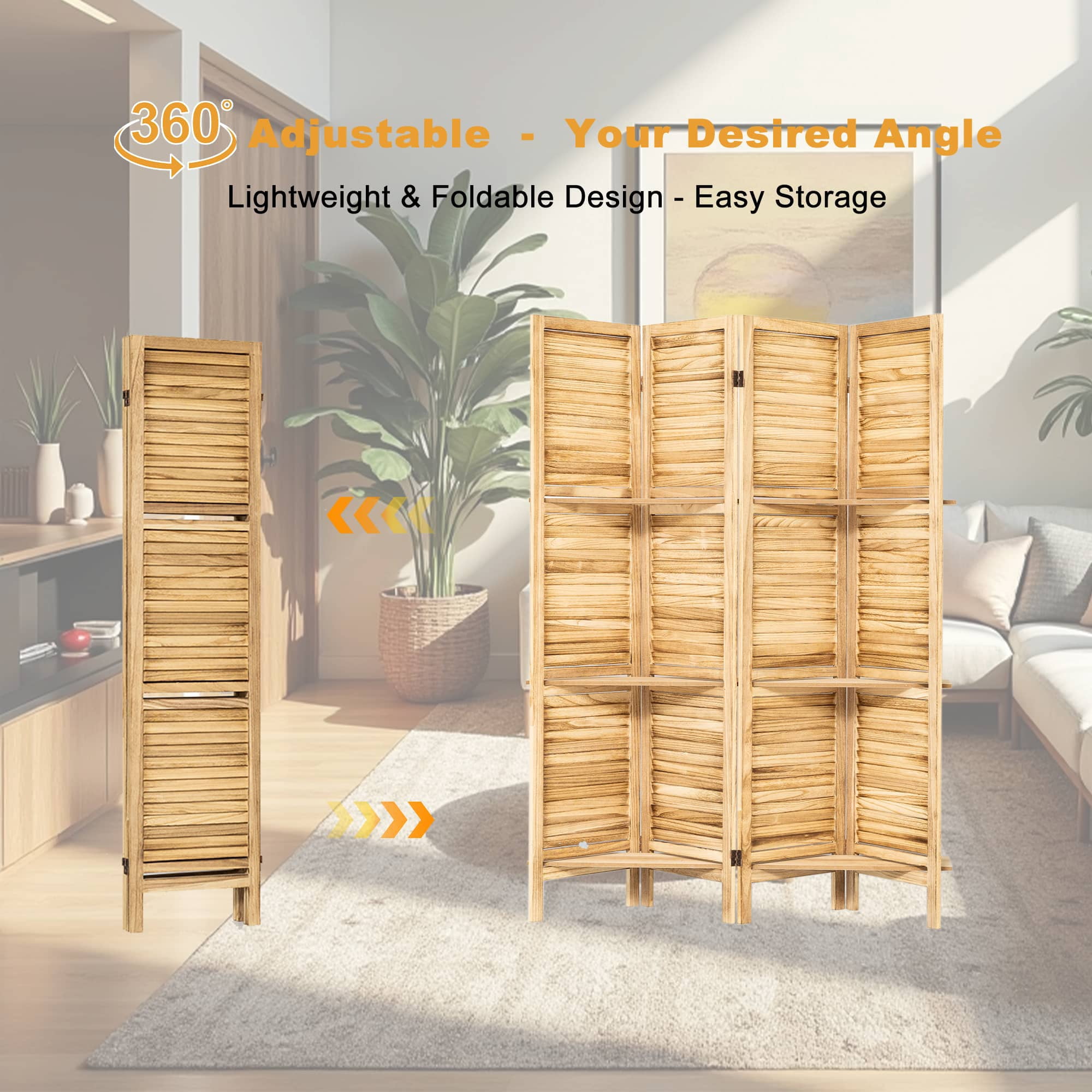 MAYEERTY 4 Panel Freestanding Wood Room Divider with Display Shelves, Natural Color