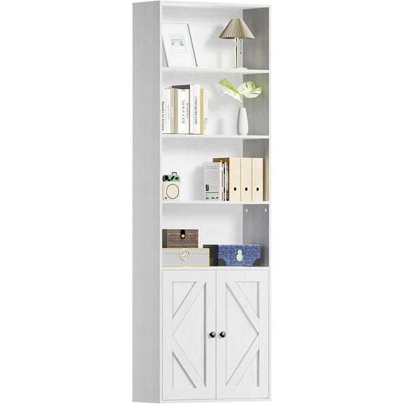 Wooden Functional Bookshelves and Bookcases with Doors and Cabinet ,Floor Standing 6 Shelf Display Storage Shelves 70.86 in Tall Bookcase for Home Office, Living Room，Bedroom (Industrial White)