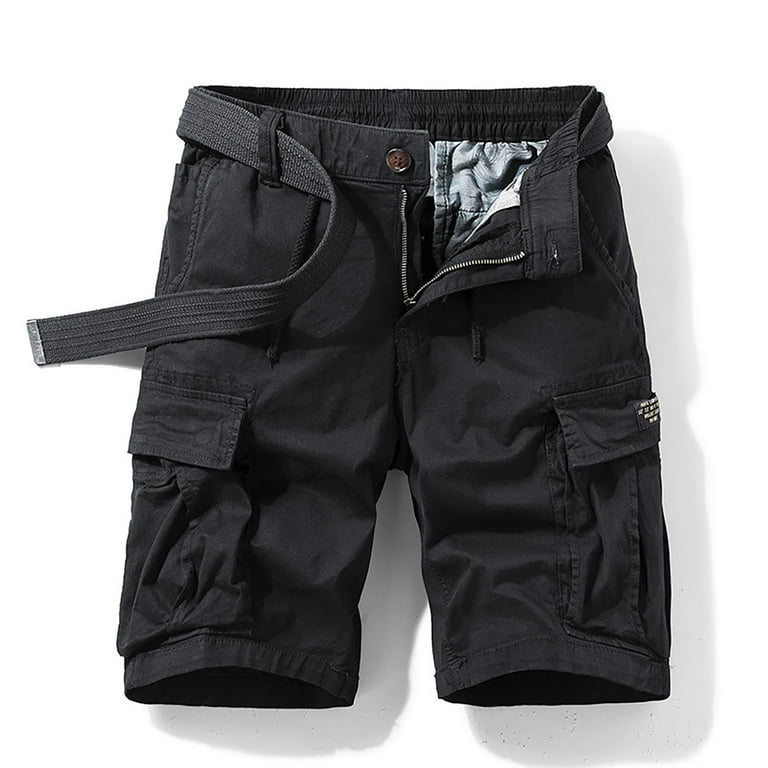 RYRJJ Men's Lightweight Multi Pocket Cotton Casual Cargo Shorts Elastic  Waist Outdoor Twill Shorts (No Belt)(Black,XL) 