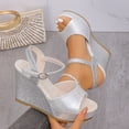 thumbnail image 2 of CYMMPU Women's Fish Mouth Open Toe Glitter Wedge Sandals, Adjustable Ankle Strap Platform Heels, Fashion Summer Casual Outdoor Beach Shoes Silver 36, 2 of 9