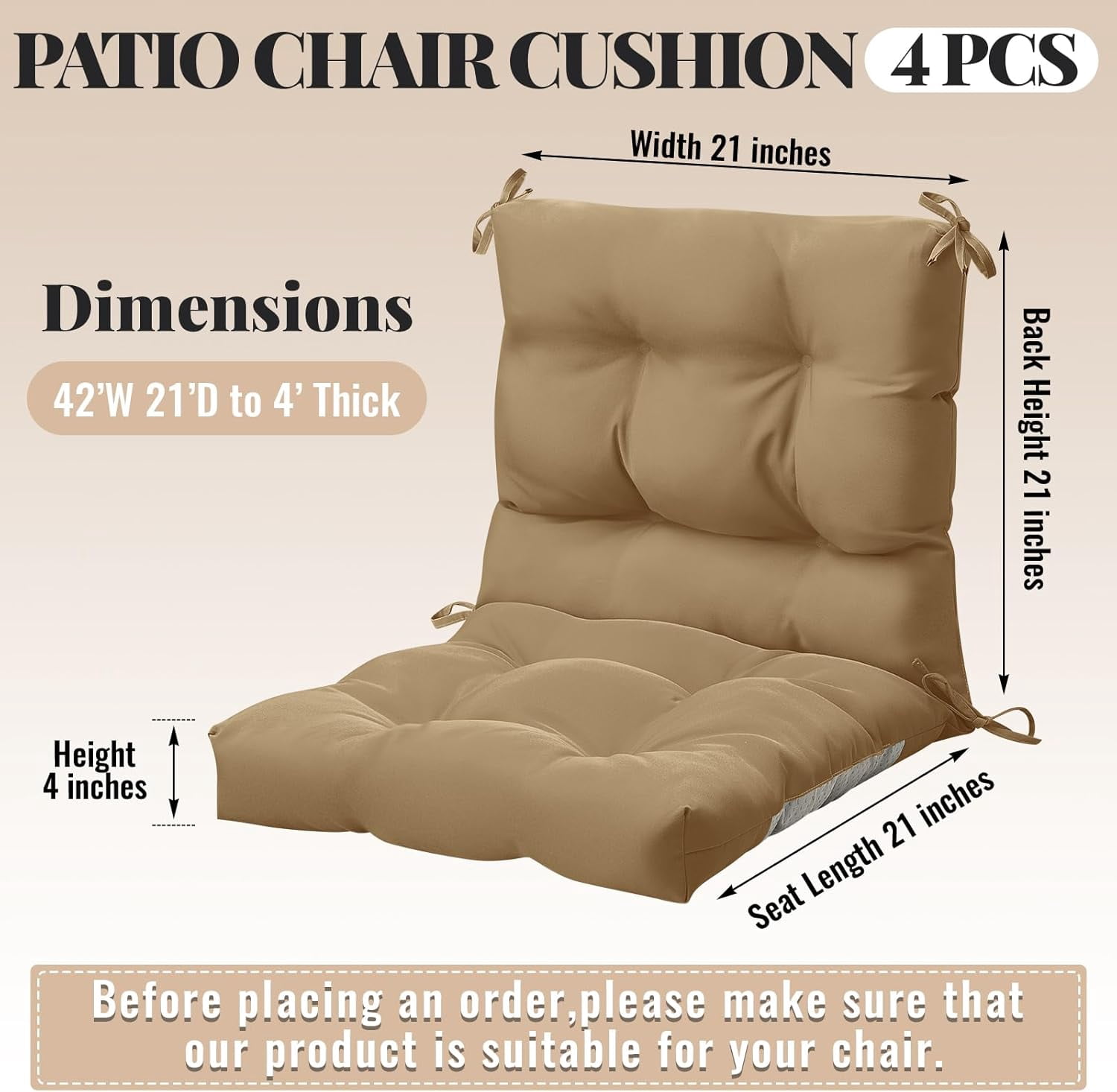 4 Pcs Outdoor Indoor High Back Chair Cushions Patio Furniture Tufted Pillow with Ties Water-Resistant Replacement Outdoor Rocking Chair Cushions, 42 x 21 Inches (Dark Brown,Solid Color)