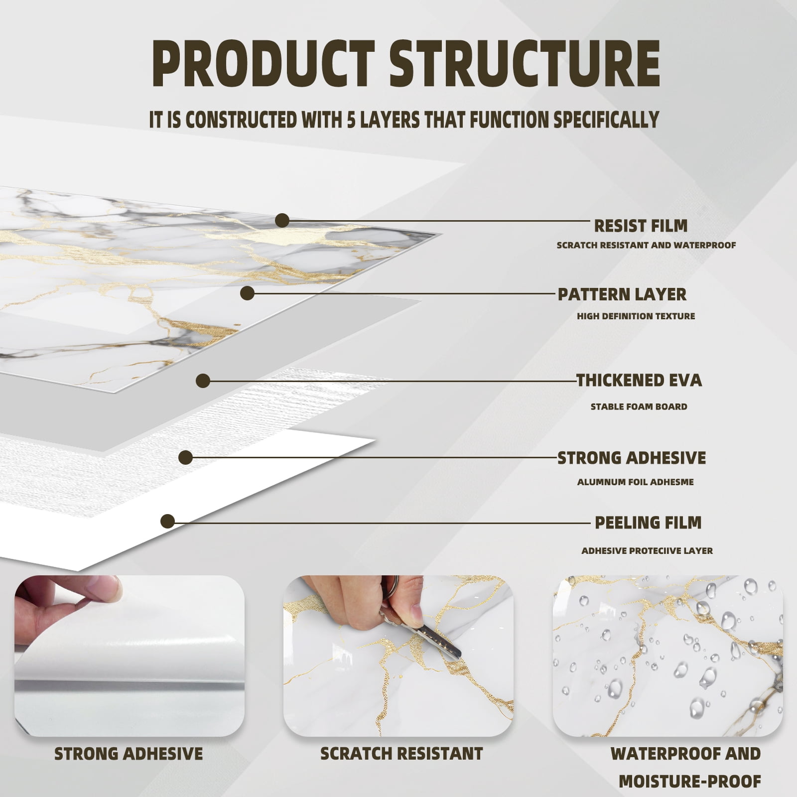 DEWOO 10pcs Peel and Stick Backsplash Wall Tile, Waterproof Peel and Stick Marble Wall Tiles, Self-Adhesive Panels for Bathroom, Kitchen, and Living Room (Gold Marble,12"×12")