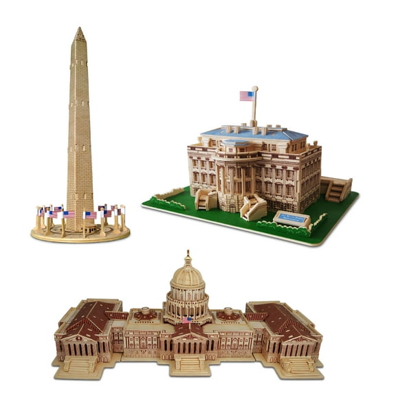 Puzzled Bundle of Famous Sites: Washington Monument, The White House & US Capitol Wooden 3D Puzzles Construction Kits, Educational DIY Landmarks Assemble Models Unfinished Wood Craft Hobby - 3 Pack
