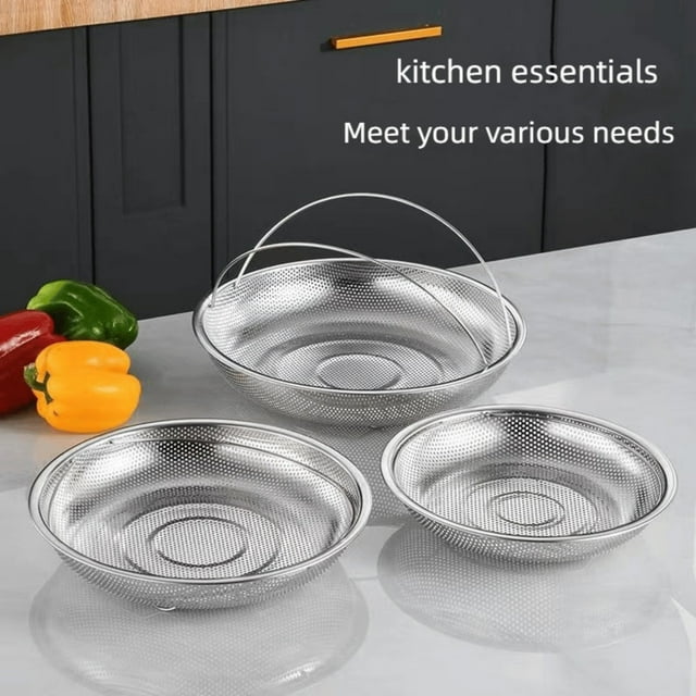 Colador de Acero Inoxidable con Asa - Cesta Densa y Gruesa para Lavar Arroz, Verduras y Frutas - Colador de Cocina Multiusos - Diseño de Fondo Elevado