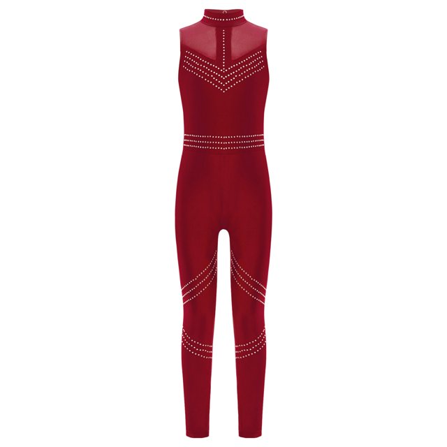 dPois Girls Rhinestone Gymnastics Leotards Ballerina Dance Costume Mock Neck Key Hole Back Figure Burgundy 10