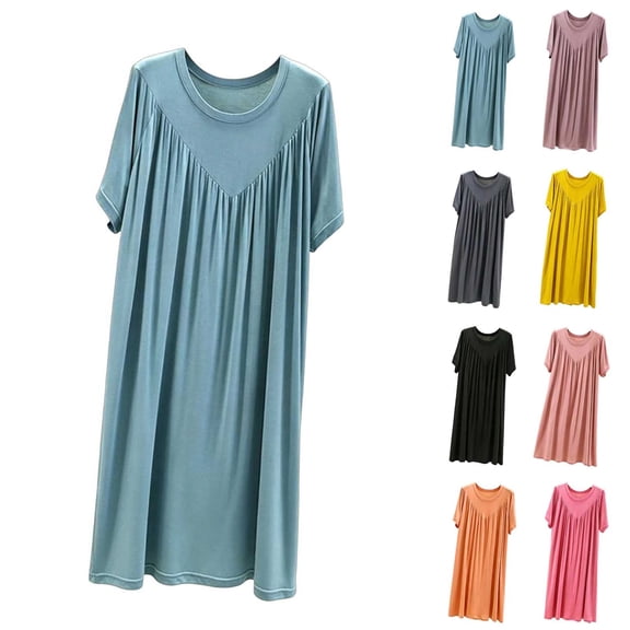 Hilenly Womens Nightgown Short Sleeve Sleepwear Comfy Sleepshirts Pleated Crewneck Nightshirt Comfy House Dress