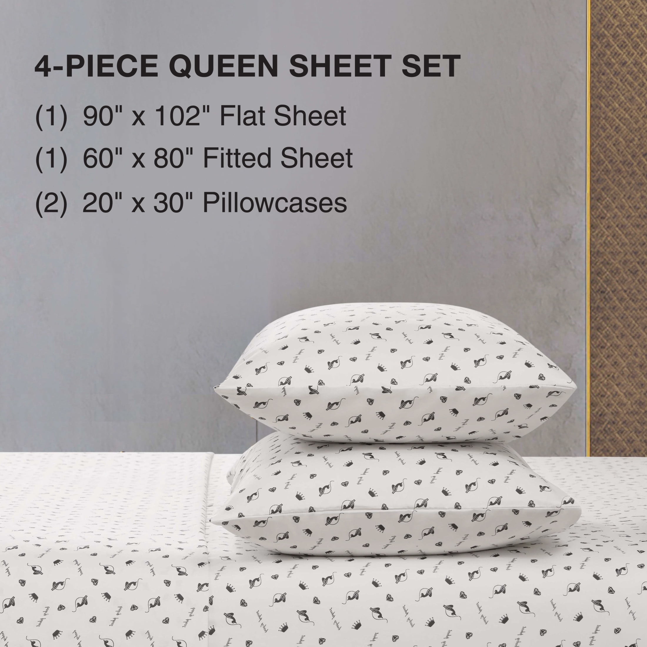 Baby Phat Printed Microfiber Sheet Sets, 4-Piece Queen, White