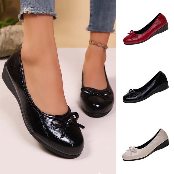 Women Dressy Flat Shoes Slip on Office Work Shoes with Front Bowknot, Ladies Business Casual Comfortable Low Heels Shoes Outdoor Wear Versatile Plus-Size Loafers