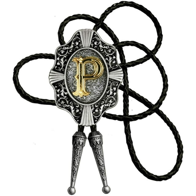 GHSDFBB Golden Initial A to Z in Flower Nursery Cowboy Bolo Tie with Cowhide Rope
