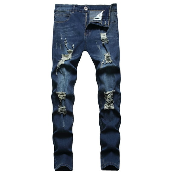 Seyurigaoka Men Casual Jeans Solid Color Long Trousers with Broken Holes