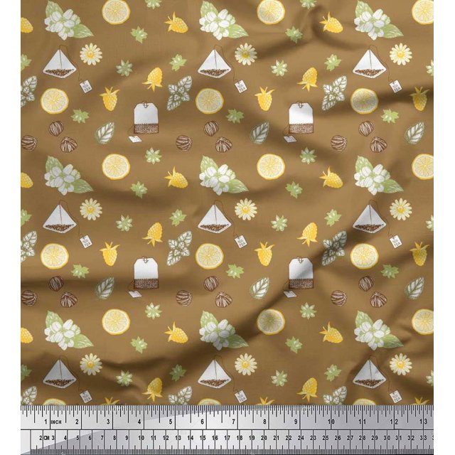 Soimoi Brown Poly Georgette Fabric Tea Bag,Star Anise & Lemon Slice Vegetable Print Fabric by the Yard 52 Inch Wide