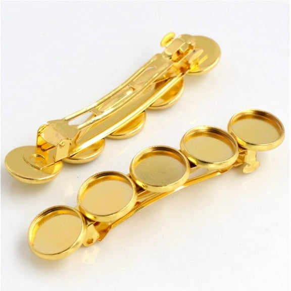 2 pcs Yellow Gold French Hair Barrettes Hair Clips - 71mm x 14mm - 12mm Glue Pad - LARGE - 5 Bezels