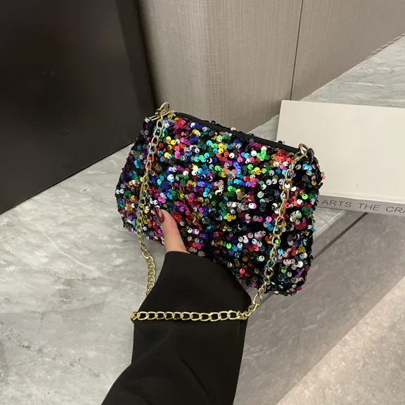 LunaGlo Sequins Crossbody Chain Bag Simple INS Solid Color Sequins Shoulder Bag Underarm Bag Phone Purse Evening Clutch Bags Handbag