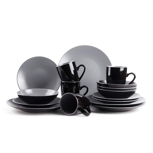 HomeVss Stoneware Two-Tone Colors Life 16pc Dinner Set, Outside Shiny Black + Insdie Matte Glaze Light Grey