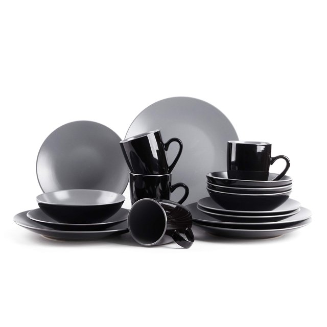 HomeVss Stoneware Two-Tone Colors Life 16pc Dinner Set, Outside Shiny Black + Insdie Matte Glaze Light Grey