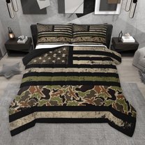Homewish Retro American FlagBedding Comforter Set,Rustic Camo Twin Comforter Sets,Green Beige Black Bedding Set For Boys Kids,Luxury Bedroom Decor Reversible,2 Pieces