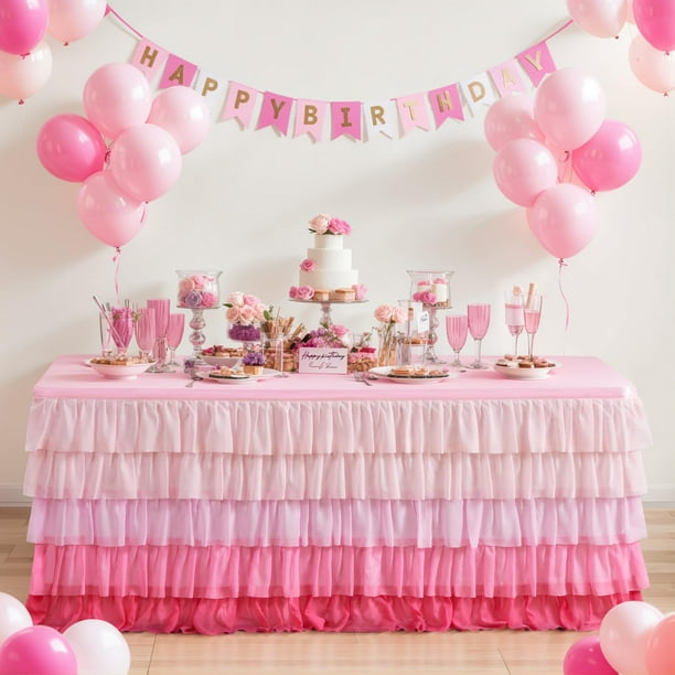 Falda de mesa rosa, mantel con volantes para mesa rectangular, 6 pies, fiesta de cumpleaños, fiesta de cumpleaños, unicornio, decoración de mesa rosa degradado para el hogar