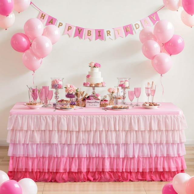 Falda de mesa rosa, mantel con volantes para mesa rectangular, 6 pies, fiesta de cumpleaños, fiesta de cumpleaños, unicornio, decoración de mesa rosa degradado para el hogar